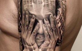 man hiding his face 3d tattoo