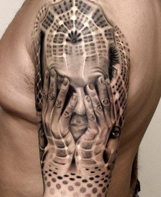 man hiding his face 3d tattoo